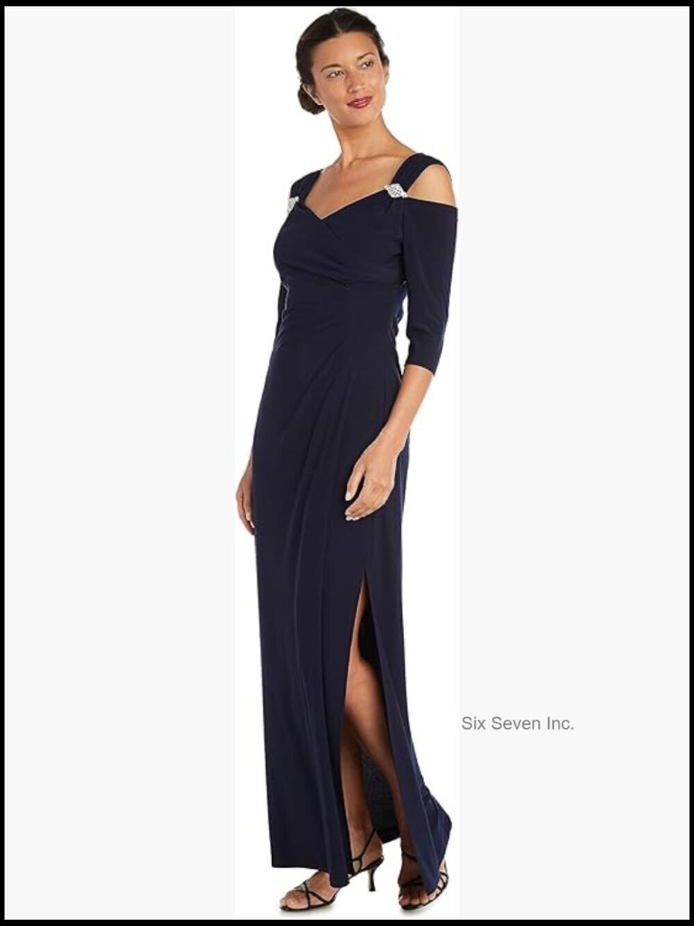 Empire Waist Cold Shoulder Dress with Rhinestone Trim
